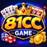 81CC Game feature image with a golden 81CC logo, crown, slot machine, playing cards, poker chips, and casino coins.
