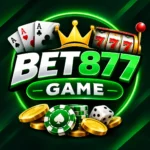 BET877 Game logo with casino cards, 777 slot, coins, chips, and dice