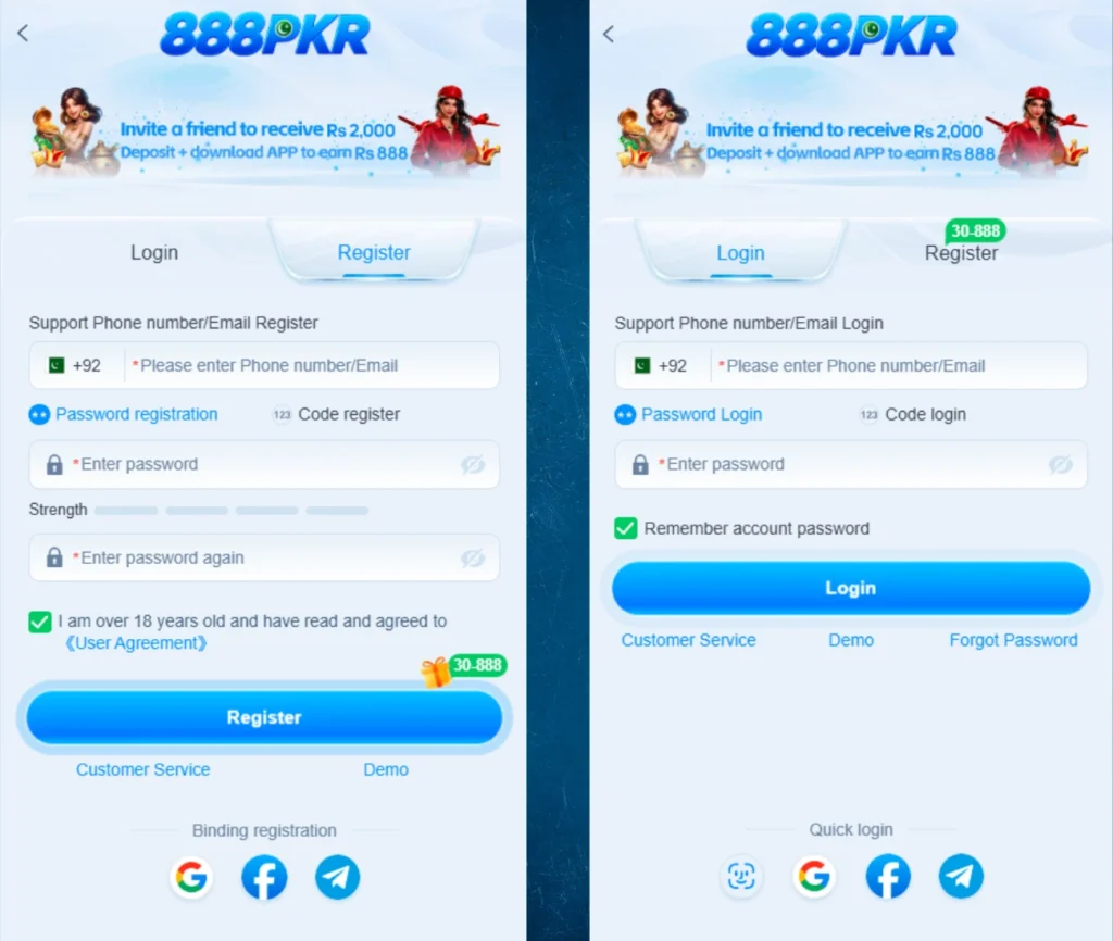 888PKR Game registration and login screen for Android users