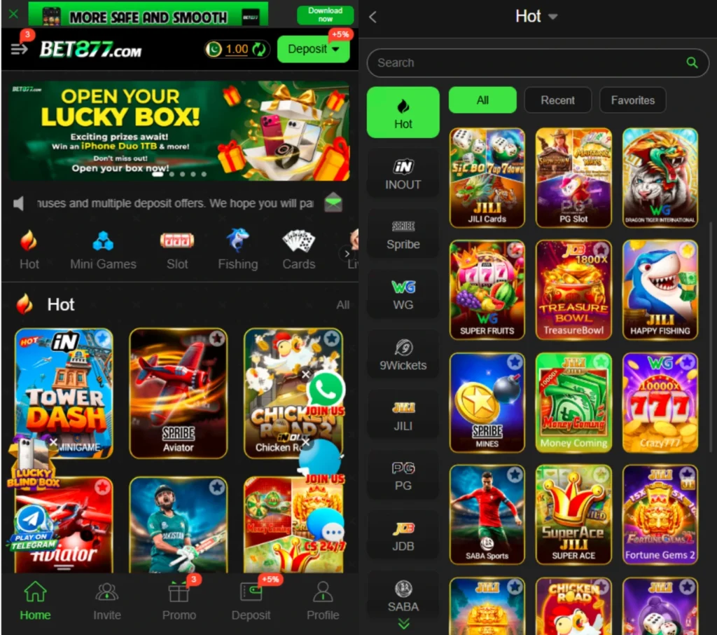 BET877 Game available games showing slots, fishing, cards, and mini-games