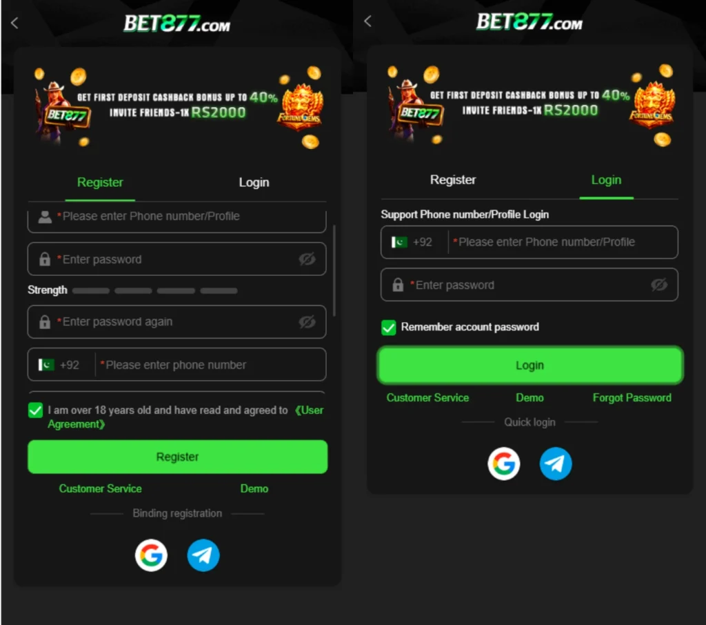 BET877 Game registration and login screen for Android users