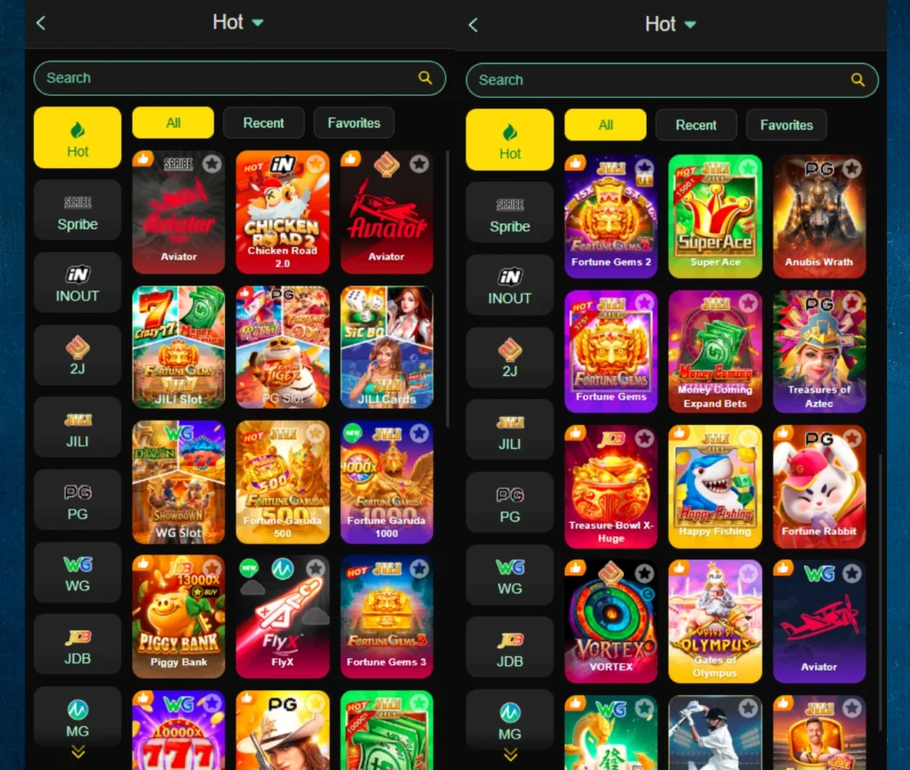 PAK804 Game available games section on Android