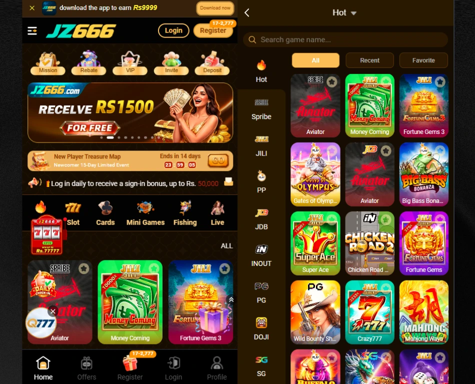 JZ666 Game available titles including slots, cards, fishing, and live games