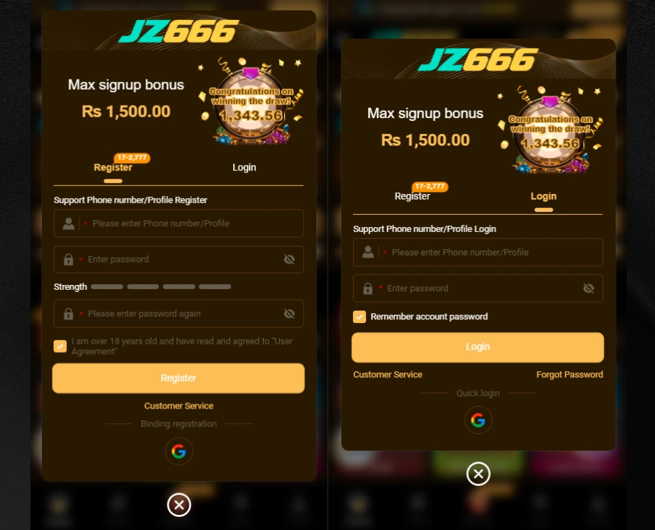 JZ666 Game registration page with signup form and welcome bonus