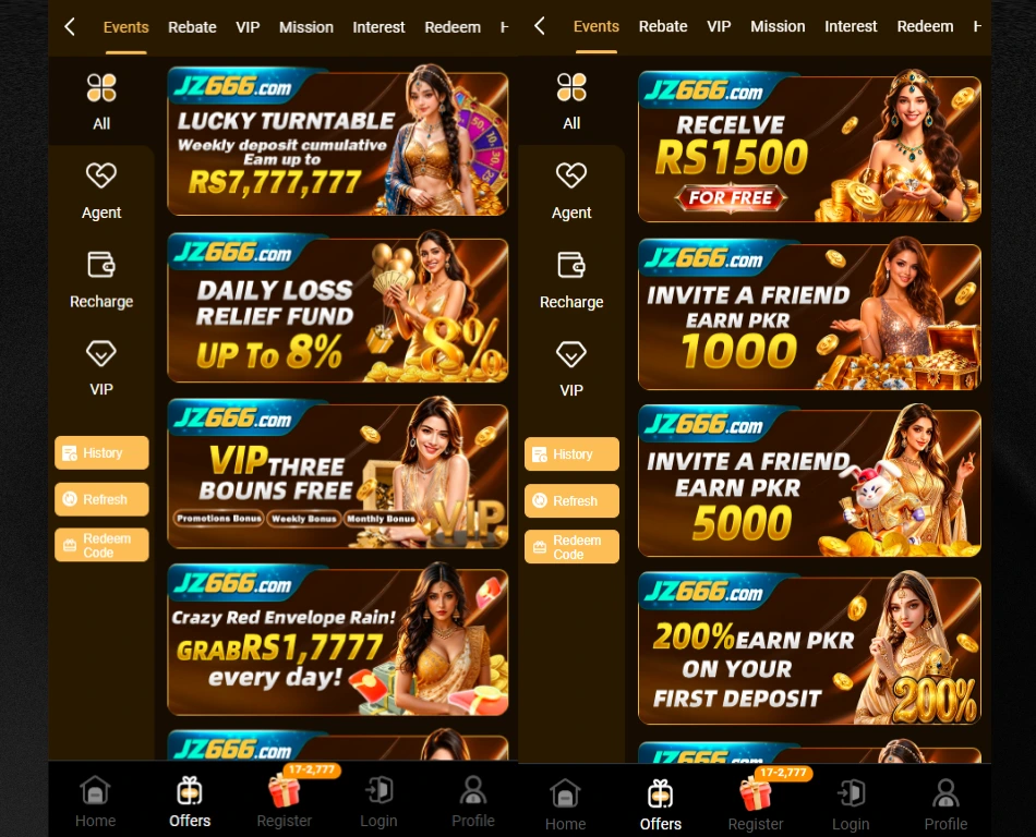 JZ666 Game homepage featuring casino games, bonuses, VIP rewards, and mobile gaming options