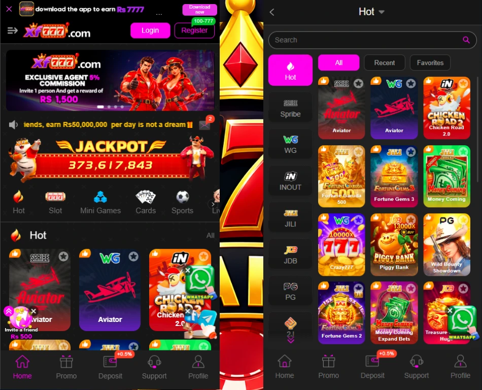 XF777 Game available games including slots, mini games, cards, and sports