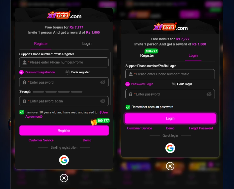 XF777 Game registration page for creating a new gaming account