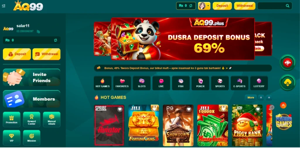 AQ99 Game homepage featuring hot games, promotions, and gaming categories