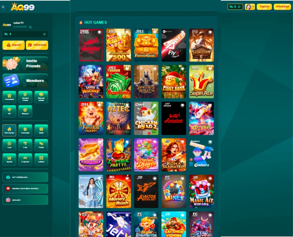 AQ99 Game available games including slots, live games, sports, and other categories