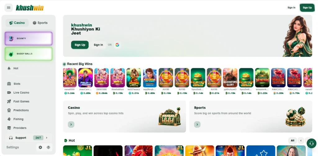 Khushwin Game homepage showing casino games and popular gaming categories