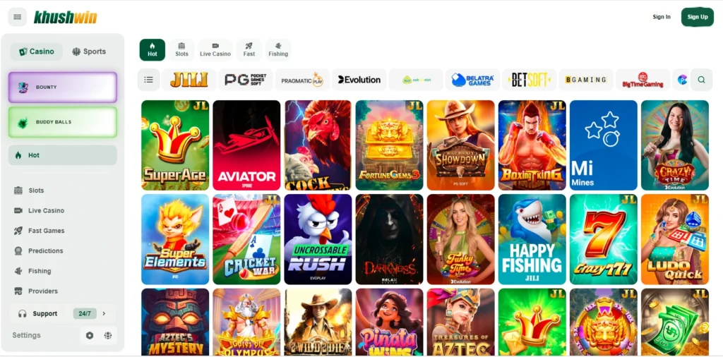 Khushwin Game available games including slots, casino, fishing, and fast games