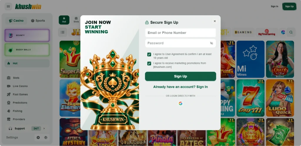 Khushwin Game registration screen for creating a new gaming account