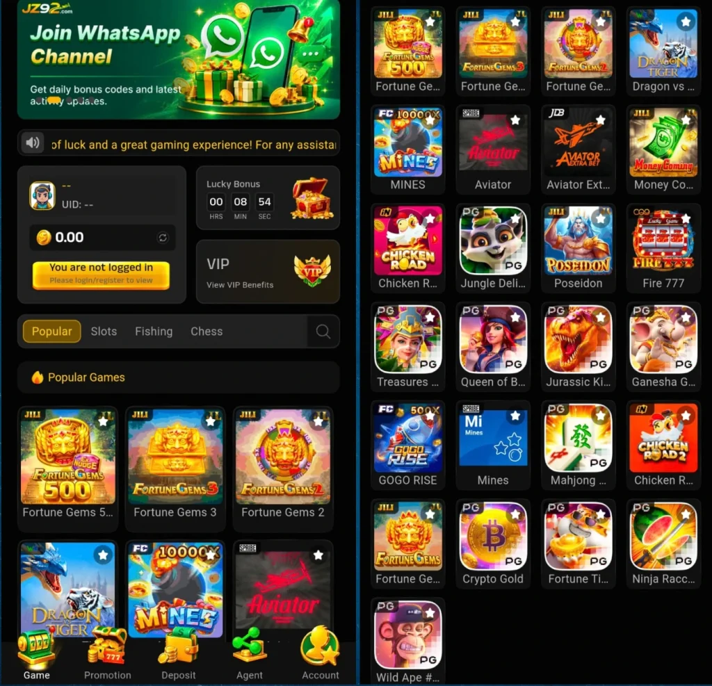 JZ92 Game available games including Fortune Gems, Mines, Aviator, and Dragon vs Tiger