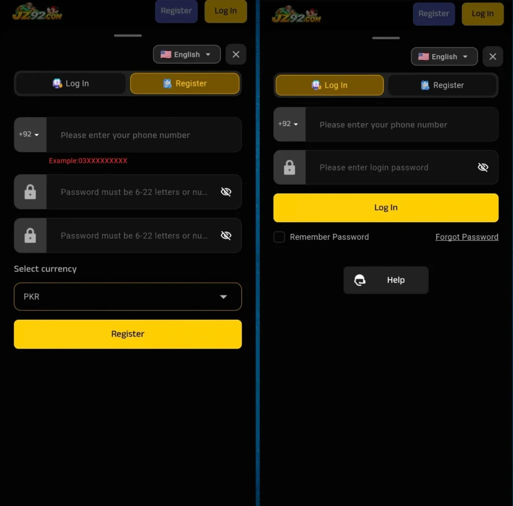 JZ92 Game registration page with phone number, password, and PKR currency options