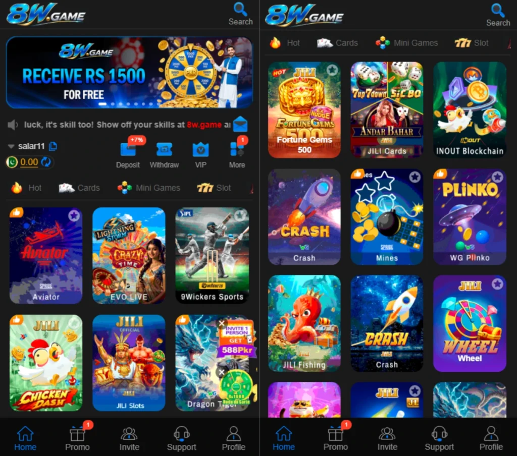 8W Game available games including Aviator, Crash, Mines, Slots, and Cards